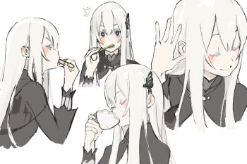 absurdres blush butterfly_hair_ornament closed_eyes closed_mouth colored_eyelashes cropped_shoulders cup drinking echidna_(re:zero) eyelashes facing_to_the_side from_side hair_ornament hand_to_head highres holding holding_cup kakeami listening multiple_views purple_eyes re:zero_kara_hajimeru_isekai_seikatsu smile surprised teacup thick_eyelashes turning_head upper_body white_background white_eyelashes white_hair