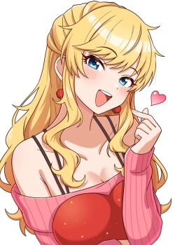 1girl blonde_hair blue_eyes blush breasts cleavage collarbone commentary_request earrings finger_heart highres idolmaster idolmaster_cinderella_girls jewelry long_hair looking_at_viewer medium_breasts niban_(puka_0507) ohtsuki_yui open_mouth pink_sweater smile solo sweater wavy_hair wavy_sidelocks white_background