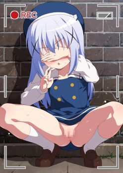 1girl blue_hair censored commentary_request covering_own_eyes gochuumon_wa_usagi_desu_ka? hair_ornament hat hemonemo kafuu_chino loli long_hair mosaic_censoring no_panties paid_reward_available pussy recording school_uniform socks solo squatting white_socks x_hair_ornament