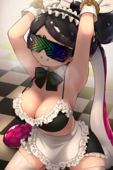 1girl alternate_costume apron armpits arms_up bdsm bikini bikini_top_only black_bikini black_bow black_bowtie black_hair black_skirt blush bondage bound bound_wrists bow bowtie breasts callie_(splatoon) detached_collar female_focus frilled_bikini frilled_skirt frills gloves gradient_hair highres hizake_mozu hypnosis indoors inkling kneeling large_breasts long_hair maid maid_headdress mind_control miniskirt mole mole_under_eye multicolored_hair nintendo open_mouth pink_hair pointy_ears rope shiny_skin skindentation skirt solo source_request splatoon_(series) splatoon_2 spoilers steam steaming_body sunglasses sweat swimsuit tagme tech_control tentacle_hair thighhighs tinted_eyewear twintails very_long_hair white_gloves white_thighhighs zettai_ryouiki