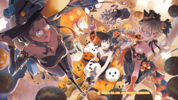 Rule 34 | 3girls, area (arika), arika, blonde hair, book, breasts, broom, broom riding, candy, character request, cleavage, dress, elbow gloves, food, glasses, gloves, halloween, halloween costume, hat, highres, jack-o'-lantern, long hair, medium breasts, multiple girls, official art, official wallpaper, open mouth, pantyhose, pumpkin, skirt, striped clothes, striped pantyhose, witch, witch hat