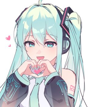 1girl blue_eyes blue_hair collared_shirt commentary_request detached_sleeves hair_ornament hatsune_miku hatsune_miku_(vocaloid3) headphones heart heart_hands highres kurobikari long_hair long_sleeves nail_polish necktie one-hour_drawing_challenge open_mouth portrait see-through_clothes see-through_sleeves shirt sleeveless sleeveless_shirt smile solo twintails vocaloid