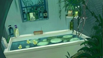 bathroom bathtub indoors lily_pad no_humans o_run_ji original plant radio rubber_duck scenery shower_head soap_bottle water window