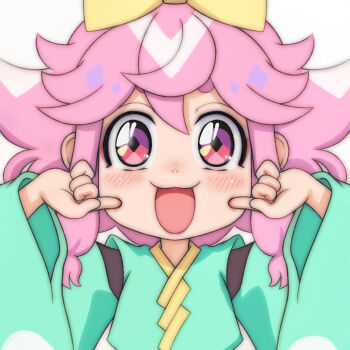 1girl :3 blush bow cheek_poking diamond-shaped_pupils diamond_(shape) green_kimono hair_bow highres japanese_clothes kimono long_sleeves looking_at_viewer maro_(mashin_souzouden_wataru) mashin_eiyuuden_wataru mashin_souzouden_wataru open_mouth pink_hair poking poking_self red_eyes short_hair smile standing symbol-shaped_pupils t_jiroo_(ringofriend) upper_body white_background wide_sleeves yellow_bow