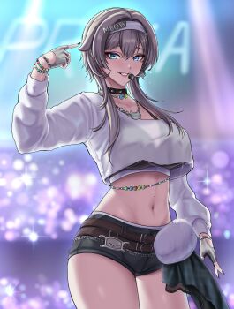 1girl absurdres black_sports_bra blue_eyes cat_ear-shaped_hair cat_necklace cat_ornament commentary covered_underboob cropped_shirt english_commentary fingerless_gloves gloves goddess_of_victory:_nikke grey_gloves grey_hair grey_shorts hair_ears headband headset highres idol mole mole_on_stomach prika_(nikke) shni_v1 short_shorts shorts smile solo sports_bra white_headband