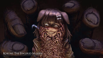 1girl animal_ears artist_name baloolax bone_hair_ornament brown_hair character_name commentary crazy_eyes crossover curled_fingers dog_ears dog_girl elden_ring eldritch_abomination english_commentary english_text eyelashes fangs fingernails giant_hand hair_between_eyes hair_ornament highres hololive horror_(theme) inugami_korone looking_at_viewer medium_hair solo teeth twitter_username virtual_youtuber wide-eyed zdzislaw_beksinski_(style)