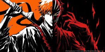 2024 black_background bleach bleach:_rebirth_of_souls closed_mouth holding holding_sword holding_weapon hollow_ichigo hollow_mask japanese_clothes kurosaki_ichigo looking_at_viewer male_focus official_art orange_background orange_eyes orange_hair particles promotional_art shihakusho shikai short_hair simple_background sword upper_body weapon zangetsu_(shikai) zanpakutou