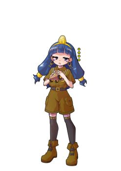 Rule 34 | 1girl, alphes (style), black thighhighs, blue eyes, blue hair, blunt bangs, blush, boots, brown boots, brown shirt, brown shorts, collared shirt, commentary request, dairi, earrings, facial mark, fold-over boots, full body, hair bobbles, hair ornament, highres, holding, jewelry, key earrings, large variant set, long hair, michigami nareko, parody, shirt, short sleeves, shorts, simple background, solo, standing, style parody, tachi-e, thighhighs, touhou, transparent background, triangle, triangle facial mark, variant set