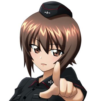 Rule 34 | 1girl, black hat, breasts, brown eyes, brown hair, commentary request, cross, garrison cap, girls und panzer, hat, iron cross, kuromorimine military uniform, large breasts, military uniform, nishizumi maho, open mouth, pointing, pointing at viewer, rhun, short hair, short sleeves, smile, solo, summer uniform, transparent background, upper body