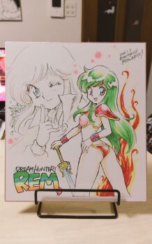 1girl armor ass ayanokouji_rem bikini bikini_armor bracer breasts butt_crack copyright_name dream_hunter_rem fire from_behind gem green_hair kisaragi_miyuki legs_apart long_hair looking_back multiple_views one_eye_closed open_mouth pauldrons photo_(medium) pink_bikini red_bikini shoulder_armor sketch small_breasts smile standing swimsuit sword thighs tiara weapon