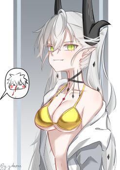 1boy 1girl absurdres aroused_nosebleed bikini black_horns blood breasts cleavage collarbone commentary demon_horns english_commentary fate/grand_order fate_(series) fujimaru_ritsuka_(male) gold_bikini golden_week green_eyes grey_hair grey_jacket gudagudaman highres horns jacket lilith_(fate) long_hair long_sleeves looking_at_viewer medium_breasts navel nosebleed pointy_ears single_off_shoulder slit_pupils smile solo_focus spoken_character stomach swimsuit twintails twitter_username