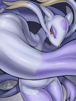 Rule 34 | absurdres, commentary request, gen 5 pokemon, grey fur, highres, looking at viewer, mienshao, nintendo, no humans, pokemon, pokemon (creature), purple fur, red eyes, shino76, signature, solo, two-tone fur