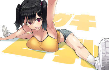 1girl arm_up armpits ashita_(2010) black_hair black_shorts borrowed_character breast_rest breasts camisole commentary_request fang hair_between_eyes highres large_breasts looking_at_viewer open_mouth oppai_loli original red_eyes sasaki_kanna shoes short_hair shorts simple_background skin_fang smile socks solo spread_legs text_background twintails white_background white_shoes yellow_camisole