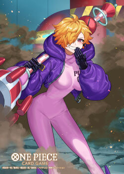 1girl black_gloves blush bodysuit clenched_teeth commentary_request copyright_name cowboy_shot gloves hair_over_one_eye highres holding hood hooded_jacket jacket looking_at_viewer official_art one_piece one_piece_card_game pink_bodysuit pink_eyes purple_jacket short_hair smile smoke solo sunohara_(encount) teeth vegapunk_lilith