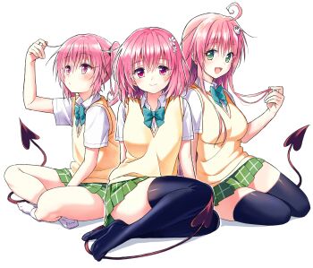 3girls absurdres ahoge asdf_4532 black_thighhighs bow bowtie breasts demon_tail expressionless green_eyes green_skirt hair_ornament hashtag-only_commentary highres lala_satalin_deviluke long_hair looking_at_viewer momo_velia_deviluke multiple_girls nana_asta_deviluke open_mouth pink_eyes pink_hair plaid_clothes plaid_skirt pleated_skirt sainan_high_school_uniform school_uniform short_sleeves siblings simple_background sisters skirt socks summer_uniform sweater_vest tail thighhighs to_love-ru twintails white_background white_socks yellow_sweater_vest