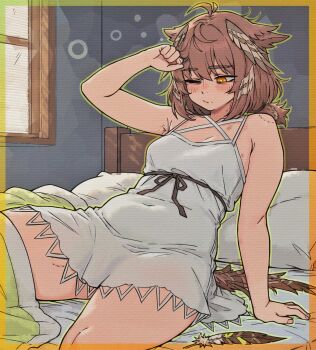 1girl arknights bags_under_eyes bird_girl bird_tail bite_mark bite_mark_on_shoulder blush breasts brown_feathers brown_hair caffichai commentary english_commentary feather_hair feathers hair_between_eyes head_wings highres indoors long_hair messy_hair nightgown on_bed one_eye_closed orange_eyes owl_ears owl_girl pillow silence_(arknights) small_breasts solo squeans tail waking_up white_nightgown window wings