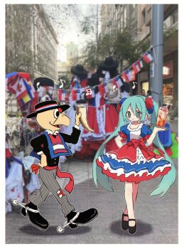 1boy 1girl andean_condor aqua_eyes aqua_hair beamed_sixteenth_notes bird_boy black_footwear black_hat black_suit blue_eyes bow chile chilean_dress chilean_flag collarbone condorito condorito_(character) crossover dancing dress drink drinking_horn eighth_note flower formal_clothes frilled_dress frills garland_(decoration) grey_pants hair_flower hair_ornament hand_on_own_hip handkerchief hat hat_ribbon hatsune_miku high_heels highres holding holding_drink holding_plate huaso long_hair mixed_media multicolored_dress music musical_note open_mouth pants patchwork_clothes plate poncho puffy_short_sleeves puffy_sleeves real_world_location red_sash ri_(qrcode) ribbon sash short_sleeves simple_background skirt smile spurs string_of_flags striped_clothes striped_pants suit twintails vertical-striped_clothes vertical-striped_pants very_long_hair vocaloid waist_bow waist_ribbon