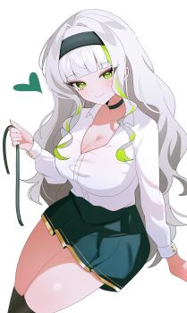 1girl absurdres alternate_costume black_choker black_hairband black_thighhighs blunt_bangs breasts choker cleavage collarbone collared_shirt commentary commentary_request firenze_(stella_sora) green_eyes green_hair green_skirt grey_hair hairband heart highres invisible_chair large_breasts long_hair long_sleeves looking_at_viewer multicolored_hair pleated_skirt shirt shirt_tucked_in shusuchii simple_background sitting skirt smile solo stella_sora streaked_hair symbol-only_commentary thighhighs two-tone_hair white_background white_hair white_shirt