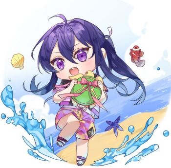 1boy :d ahoge alternate_costume beach blue_sky border brown_sandals chibi chibi_only cloud double-parted_bangs ensemble_stars! floating_hair hair_between_eyes hair_intakes holding holding_stuffed_toy kanzaki_souma knee_up koi long_hair male_swimwear motoyui multicolored_shorts nancy980216 ocean open_mouth pink_ribbon pink_shirt pink_shorts ponytail purple_eyes ribbon round_image sandals seashell shell shirt shore short_sleeves shorts sidelocks sky smile solo standing standing_on_one_leg starfish stuffed_animal stuffed_toy stuffed_turtle teeth upper_teeth_only v-shaped_eyebrows water water_drop white_border yellow_shorts
