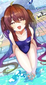 1girl :d absurdres ahoge bare_arms bare_shoulders black_nails blue_one-piece_swimsuit blush breasts brown_hair collarbone commentary_request day excella_(delltothu) fang flower-shaped_pupils genshin_impact gradient_hair hair_between_eyes half-closed_eyes highres hu_tao_(genshin_impact) long_hair multicolored_hair nail_polish one-piece_swimsuit open_mouth outdoors pool poolside red_eyes sitting small_breasts smile soaking_feet solo swimsuit symbol-shaped_pupils twintails very_long_hair water water_drop
