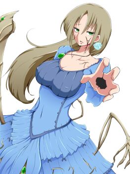 blue_dress breasts cleavage collarbone commentary_request covered_erect_nipples cracked_skin dress earrings empty_eyes extra_arms extra_legs flower_earrings gem green_gemstone highres hole_in_hand jewelry large_breasts light_brown_hair long_sleeves looking_at_viewer mon-musu_quest! mon-musu_quest:_paradox monster_girl mutant necklace outstretched_hand parted_lips partial_commentary raichi_(ddq0246) shesta_(mon-musu_quest!) simple_background white_background