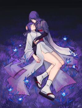 Rule 34 | 2girls, alternate costume, blunt bangs, blush, braid, bridal gauntlets, closed eyes, closed mouth, death, feeney, flower, genshin impact, grass, highres, japanese clothes, kimono, leaning on person, leaning to the side, long braid, long sleeves, lying, makoto (genshin impact), multiple girls, on back, outdoors, purple background, purple kimono, raiden shogun, red nails, red sash, russian commentary, sash, seiza, siblings, single braid, sisters, sitting, spoilers, twins, wide sleeves