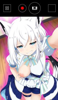 1girl absurdres ahoge animal_ear_fluff animal_ears bakerdex blue_eyes blue_shorts blush braid breasts commentary english_commentary fox_ears fox_girl fox_tail grin highres hololive large_breasts long_hair no_bra one_breast_out possessed puffy_short_sleeves puffy_sleeves selfie shirakami_fubuki shirt short_sleeves shorts single_braid skirt smile solo tail thigh_strap very_long_hair viewfinder virtual_youtuber white_shirt white_skirt