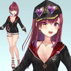 1girl akasaai animated ankle_strap arrow_through_heart baseball_cap bikini bikini_under_clothes black_headwear black_jacket black_legwear breasts cleavage collarbone dolphin_shorts earrings eyewear_on_head feet full_body gladiator_sandals halterneck hat heart heart-shaped_eyewear heart-shaped_pupils heart_necklace heterochromia hololive houshou_marine houshou_marine_(summer) jacket jewelry large_breasts live2d long_hair long_sleeves multiple_views necklace o-ring o-ring_thigh_strap official_alternate_costume official_art partially_unzipped ponytail red_bikini red_eyes red_hair sandals short_shorts shorts sleeves_past_wrists string_bikini sunglasses swimsuit symbol-shaped_pupils thigh_strap toes tou_ilie video virtual_youtuber white_shorts yellow_eyes zoom_layer