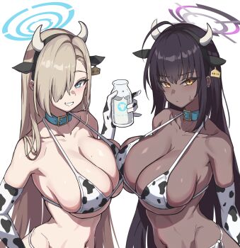 2girls alternate_costume animal_print asuna_(blue_archive) bikini black_hair blue_archive blue_collar blue_eyes blue_halo bottle breasts brown_hair collar collarbone commentary_request cow_horns cow_print cow_print_bikini dark-skinned_female dark_skin fake_horns halo highres holding holding_bottle horns karin_(blue_archive) large_breasts long_hair looking_at_viewer milk_bottle multiple_girls print_bikini purple_halo simple_background smile swimsuit usa_bunny white_background