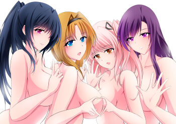 4girls :d asymmetrical_docking black_hair breast_press breasts breasts_on_another&#039;s_back brown_hair choukou_(alicesoft) choukou_sennin_haruka completely_nude convenient_censoring heart heart_hands heart_hands_duo highres koumori_ajisai kurogane_akira large_breasts long_hair multiple_girls nude open_mouth ponytail purple_hair shihoudou_narika short_hair smile subaru_(choukou_sennin_haruka) takamori_haruka twintails waving