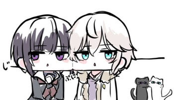 2girls :&lt; anastasia_(idolmaster) black_cat black_hair black_shirt blue_eyes brown_hair cat cheek-to-cheek chibi fur-trimmed_jacket fur_trim hair_between_eyes heads_together idolmaster idolmaster_cinderella_girls jacket kawamochi_(kawauti919) multiple_girls neckerchief parted_lips purple_eyes purple_shirt red_neckerchief sailor_collar school_uniform serafuku shirayuki_chiyo shirt simple_background translation_request triangle_mouth upper_body white_background white_cat white_jacket white_sailor_collar