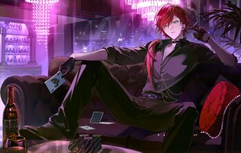 1boy absurdres arm_support bar_(place) belt black_belt black_choker black_gloves black_pants black_shirt black_shoes bottle card ceiling_light choker cigarette collarbone collared_shirt commentary_request couch cup drinking_glass feet_on_table full_body gloves green_eyes hair_between_eyes hair_over_shoulder hand_on_own_knee hand_up highres holding holding_card holding_cigarette indoors jewelry knee_up lauren_iroas low_ponytail male_focus necklace nijisanji on_couch pamipamu pants parted_lips partially_unbuttoned playing_card poker_chip ponytail purple_lightning red_hair shirt shoes sitting sleeves_rolled_up smoke smoke_trail solo spread_legs virtual_youtuber window wine_glass