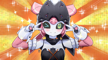 1girl absurdres aria_(robot)_(zenless_zone_zero) aria_(zenless_zone_zero) black_hair black_sclera blush colored_sclera commentary double_v emotional_engine_-_full_drive english_commentary green_eyes hands_up haxorxor highres humanoid_robot looking_at_viewer mechanical_ears metal_hair multicolored_hair one_eye_closed parody pink_hair quad_tails robot robot_girl smile solo sparkle star_(symbol) sunburst sunburst_background v yellow_background zenless_zone_zero