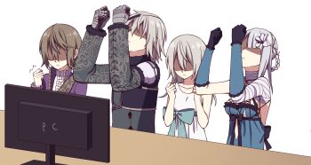 2boys 2girls arms_up asymmetrical_bangs bandaged_neck bandages black_gloves blue_bow blue_negligee blue_sash bow braid braided_hair_rings breasts brown_hair clenched_hand clenched_hands closed_mouth collarbone commentary_request dress emil_(human)_(nier) flower gloves grey_background grey_hair grey_shirt hair_flower hair_ornament hair_rings highres jacket kaine_(nier) lingerie long_sleeves medium_breasts medium_hair metal_gloves monitor multiple_boys multiple_girls negligee nier nier_(brother) nier_(brother)_(post_timeskip) nier_(series) no_eyes purple_jacket sash shaded_face shirt short_hair single_hair_ring sleeveless sleeveless_dress tamakingx422x underwear waist_bow white_dress white_shirt yonah
