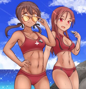 Rule 34 | 2girls, abs, adjusting eyewear, adjusting glasses, aviator sunglasses, beach, breasts, brown-tinted eyewear, brown hair, cleavage, cloud, commentary, english commentary, frown, gertrud barkhorn, hand on own hip, highres, lifeguard, looking over eyewear, looking over glasses, low twintails, medium breasts, minna-dietlinde wilcke, minzzway, multiple girls, orange-tinted eyewear, orange-tinted glasses, red eyes, signature, strike witches, sunglasses, sweat, tinted eyewear, toned, twintails, whistle, whistle around neck, world witches series, yellow eyes