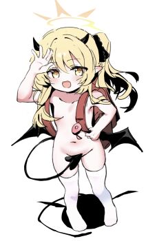 1girl backpack bag blonde_hair blue_archive blush collarbone commentary_request completely_nude crime_prevention_buzzer demon_horns demon_tail demon_wings flat_chest full_body groin hair_over_breasts halo highres horns ibuki_(blue_archive) loli long_hair meng_yin navel nude one_side_up pointy_ears randoseru red_bag simple_background smile solo stomach tail thighhighs white_background white_thighhighs wings yellow_eyes