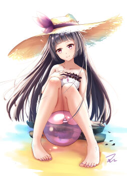 1girl absurdres ball bare_shoulders beachball bikini black_hair blunt_bangs bqhong chinese_commentary closed_mouth collarbone commentary_request feet frilled_bikini frills full_body gokou_ruri hat highres large_hat legs long_hair nail_polish on_rock ore_no_imouto_ga_konna_ni_kawaii_wake_ga_nai purple_eyes purple_nails rock sand shore signature sitting straight_hair strapless strapless_bikini straw_hat swimsuit thighs toenail_polish toenails toes very_long_hair wading water white_bikini