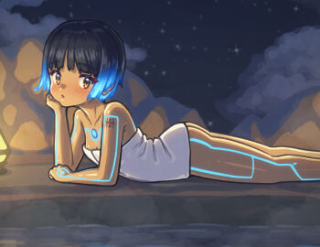 1girl alten ass blue_hair blush body_markings brown_eyes collarbone commentary dark-skinned_female dark_skin english_commentary eyelashes glowing_lines glowing_markings highres looking_at_viewer lying naked_towel night night_sky on_stomach sena_(xenoblade) short_hair shoulder_tattoo sky solo star_(sky) tattoo towel xenoblade_chronicles_(series) xenoblade_chronicles_3
