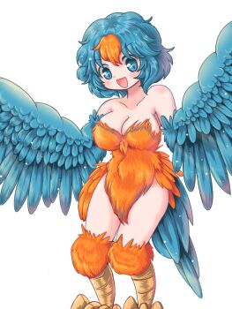 1girl bare_shoulders bird_legs bird_tail blue_eyes blue_feathers blue_hair blue_wings blush breasts cleavage commentary_request feathers hair_between_eyes harpy large_breasts monster_girl multicolored_hair open_mouth orange_feathers orange_hair original short_hair solo tail textless_version two-tone_hair vu_(oyavun) winged_arms wings