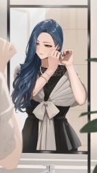 Rule 34 | 1girl, absurdres, adjusting eyewear, black dress, blue hair, blue nails, bracelet, commentary request, dress, faucet, forehead, hair over one eye, hara kenshi, highres, indoors, jewelry, kimishima touka, lace dress, long hair, looking to the side, necklace, original, pearl bracelet, pearl necklace, solo, yellow eyes