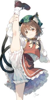 1girl :3 animal_ear_fluff animal_ears arm_up black_shoes bloomers bow bowtie brown_eyes cat_ears cat_girl cat_tail chen chiga_(chiga_sanma) closed_mouth commentary_request cowboy_shot fingernails frilled_skirt frills green_hat hat highres holding_own_leg leg_up long_sleeves looking_at_viewer mary_janes mob_cap multiple_tails red_skirt red_vest shirt shoes short_hair simple_background skirt skirt_set sleeve_cuffs socks solo split standing standing_on_one_leg standing_split tail touhou two_tails underwear vest white_background white_bloomers white_bow white_bowtie white_shirt white_socks