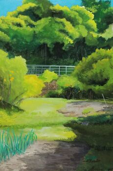 bush day harusa1107 highres no_humans original outdoors painting_(medium) plant railing scenery shadow sunlight traditional_media tree