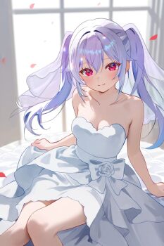 1girl bare_shoulders breasts cleavage closed_mouth commentary_request cowboy_shot double-parted_bangs dress hair_between_eyes highres iriam long_hair looking_at_viewer medium_breasts nitak_(iriam) nta_(n_tan2) pink_eyes purple_hair sitting smile solo strapless strapless_dress textless_version twintails veil virtual_youtuber wedding_dress white_dress
