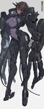 Rule 34 | 1girl, abs, absurdres, artist logo, artist name, blush, breasts, brown hair, commentary, cyborg, dark-skinned female, dark skin, dazzur (dazzur system), full body, highres, horns, large breasts, logo, looking at viewer, mechanical arms, mechanical legs, original, parted lips, short hair, solo, watermark, yellow eyes