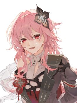 1girl absurdres black_flower buttons collar commentary dress earrings evernight_(honkai:_star_rail) flower hair_between_eyes hair_flower hair_intakes hair_ornament highres honkai:_star_rail honkai_(series) jewelry layered_dress looking_at_viewer march_7th_(honkai:_star_rail) pink_hair red_eyes red_flower single_bare_shoulder single_earring smile tears uiui228179 upper_body white_background