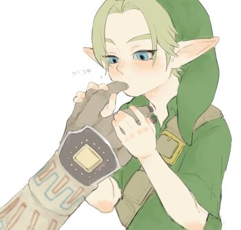 2boys age_difference black_nails blonde_hair blue_eyes blush commentary_request dark-skinned_male dark_skin finger_in_another&#039;s_mouth ganondorf green_tunic grrr0111 hair_intakes link male_focus multiple_boys nintendo parted_bangs pointy_ears shota shoulder_belt simple_background size_difference solo_focus the_legend_of_zelda the_legend_of_zelda:_ocarina_of_time translation_request tunic upper_body white_background yaoi young_link