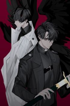 Rule 34 | 2boys, absurdres, black coat, black eyes, black hair, black shirt, black wings, chest belt, coat, commentary request, demon horns, feathered wings, hayu beck, highres, holding, holding sword, holding weapon, horns, kim dokja, korean commentary, male focus, multiple boys, multiple wings, official alternate costume, omniscient reader's viewpoint, open clothes, open coat, popped collar, sheath, shirt, short hair, sword, unsheathing, upper body, weapon, white coat, wings, yoo joonghyuk