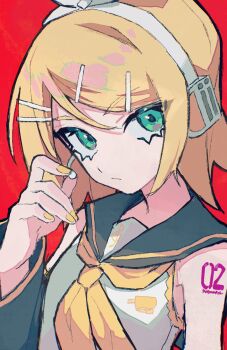 1girl arm_warmers blonde_hair duplicate firefly_png green_eyes hair_ornament hashtag-only_commentary headphones highres kagamine_rin looking_at_viewer number_tattoo pixel-perfect_duplicate red_background sailor_collar short_hair solo tattoo vocaloid yellow_nails