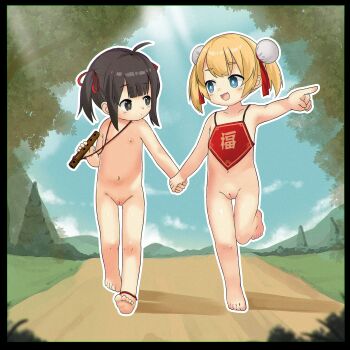 2girls black_eyes black_hair blonde_hair blue_eyes casual_nudity cleft_of_venus cloud dirt_road fang female_focus flat_chest flute gluteal_fold grass hair_ribbon holding_flute holding_hands holding_instrument instrument kuma-bound loli looking_at_another multiple_girls nature navel nipples nude open_mouth outdoors pointing pussy red_ribbon ribbon road running sky smile tree uncensored
