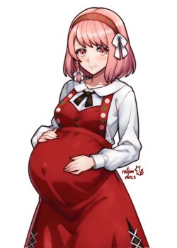 1girl braid breasts commission fire_emblem fire_emblem_engage grey_hairband hairband highres ko-fi_commission lapis_(fire_emblem) large_breasts looking_at_viewer multicolored_hairband nintendo outie_navel pink_eyes pink_hair pregnant red_hairband ribbon rotomdocs shirt_under_dress side_braid smile solo two-tone_hairband white_background white_ribbon